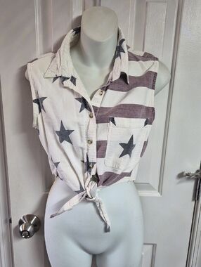 Sleeveless Tie-Front Button-Down Shirt - White with Red Stripes & Blue Stars